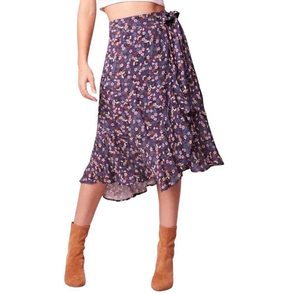 BAND OF THE FREE Midi Skirt XS Purple Floral Boho Wrap Ruffle NWT